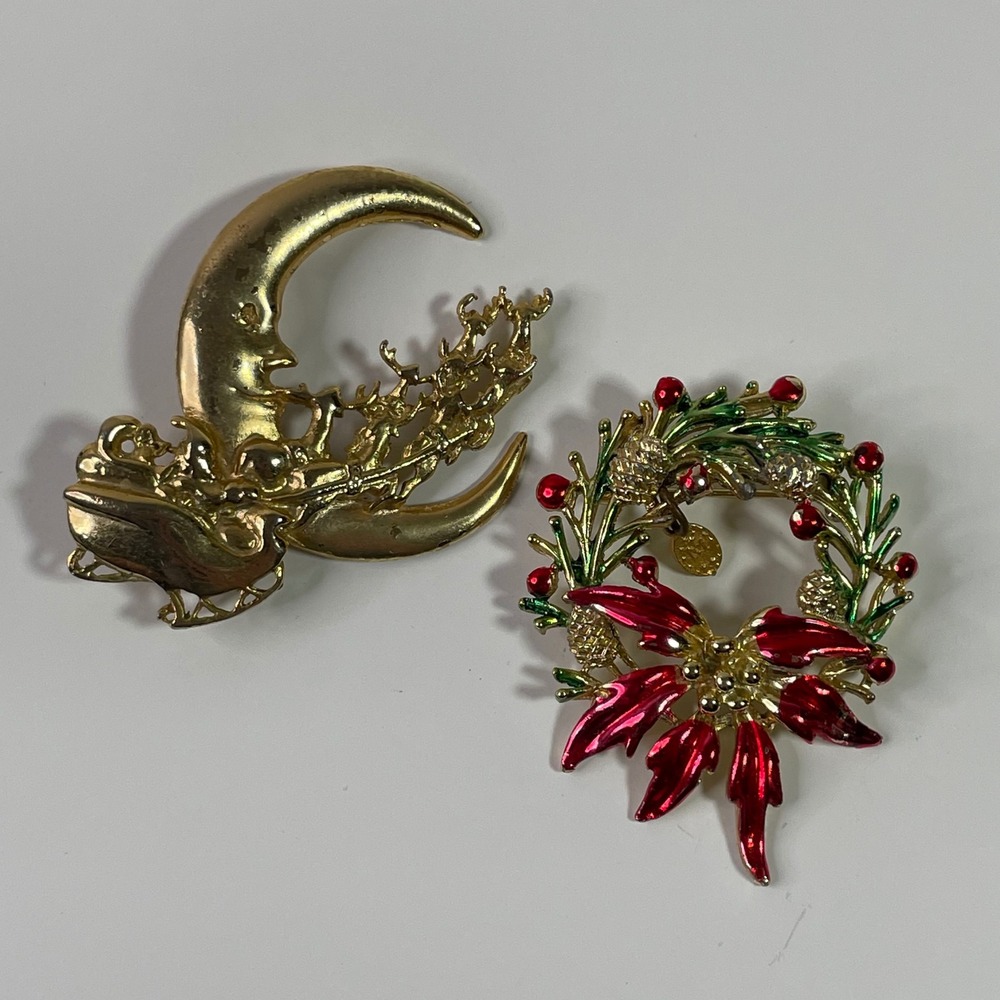 Vtg Christmas Brooch Set Santa Sleigh Moon Gold Tone Enamel Poinsettia Wreath